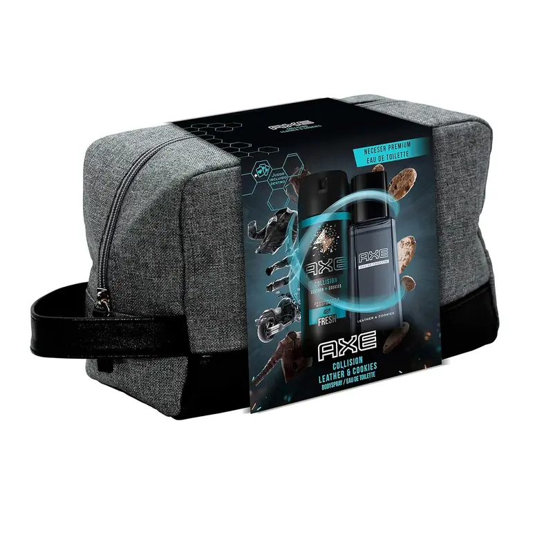 Neceser de Regalo para Hombre AXE Leather & Cookies. Un set de aseo que incluye un Desodorante Bodyspray de 150 ml, un Eau de Toilette de 100 ml y un práctico neceser.