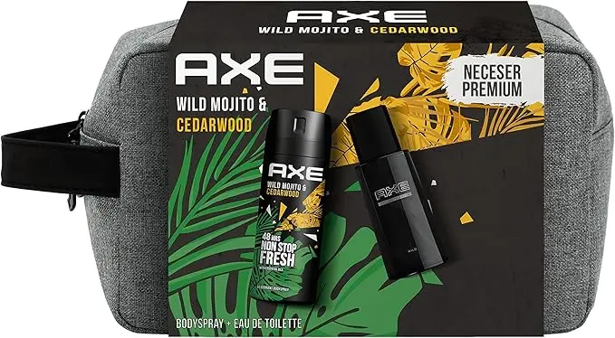 Neceser de Regalo para Hombre AXE Wild Mojito & Cedarwood. Un set completo con Desodorante Bodyspray 150 ml, Eau de Toilette 100 ml y una moderna bolsa de aseo.