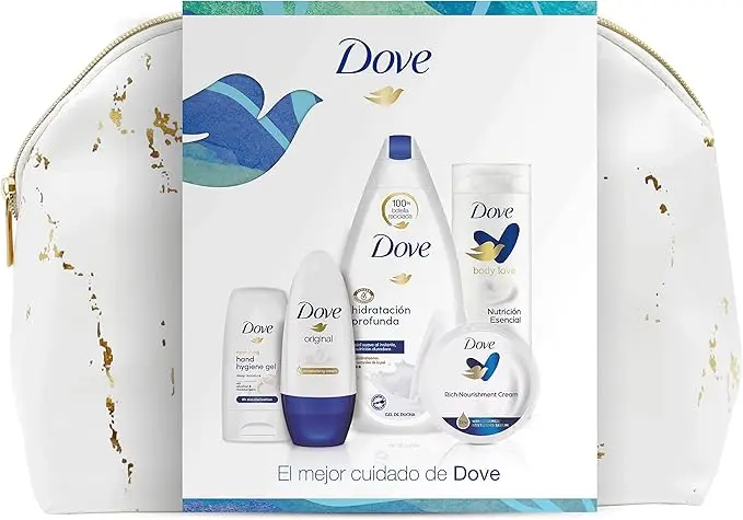 Neceser de Regalo para Mujer Dove con Set de Baño Completo. Incluye Gel 500ml, Loción 250ml, Desodorante Roll-On, Crema 75ml, Gel Hidroalcohólico y Bolsa de Aseo.
