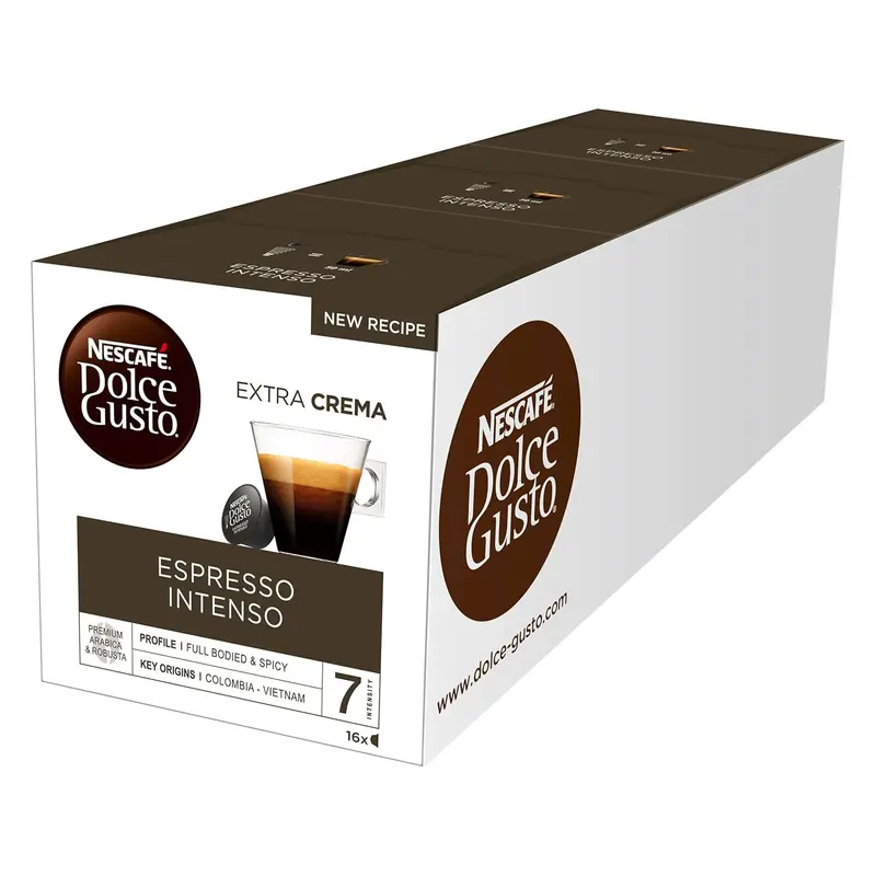 Nescafé Dolce Gusto Espresso Intenso, Pack Ahorro de 48 Cápsulas (3x16). Tu café favorito con cuerpo e intensidad, con notas afrutadas y especiadas para tu cafetera.