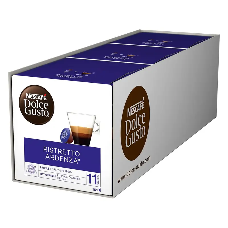 Nescafé Dolce Gusto Ristretto Ardenza, pack de 48 cápsulas de café. Disfruta de un espresso corto, intenso y ardiente con notas tostadas y cuerpo potente, compatible con cafeteras Dolce Gusto.