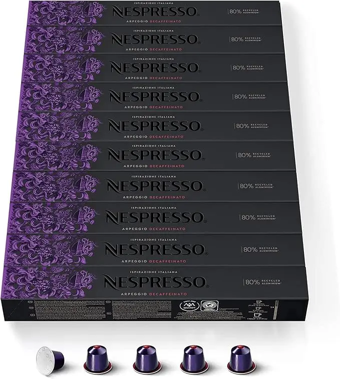 Nespresso Arpeggio Decaffeinato, Pack de 100 Cápsulas Original. Café Descafeinado Intenso y Cremoso con notas de cacao. Intensidad 9/13, tueste oscuro y breve.