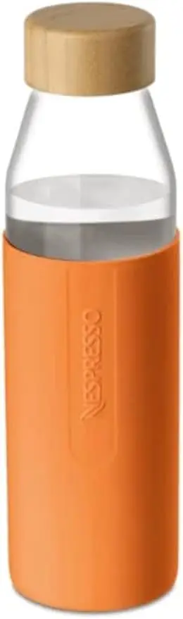 Nespresso Botella de Agua Reutilizable de Cristal, 500ml. Una botella de diseño elegante y sostenible con tapón de bambú a prueba de fugas, perfecta para mantenerte hidratado con estilo.