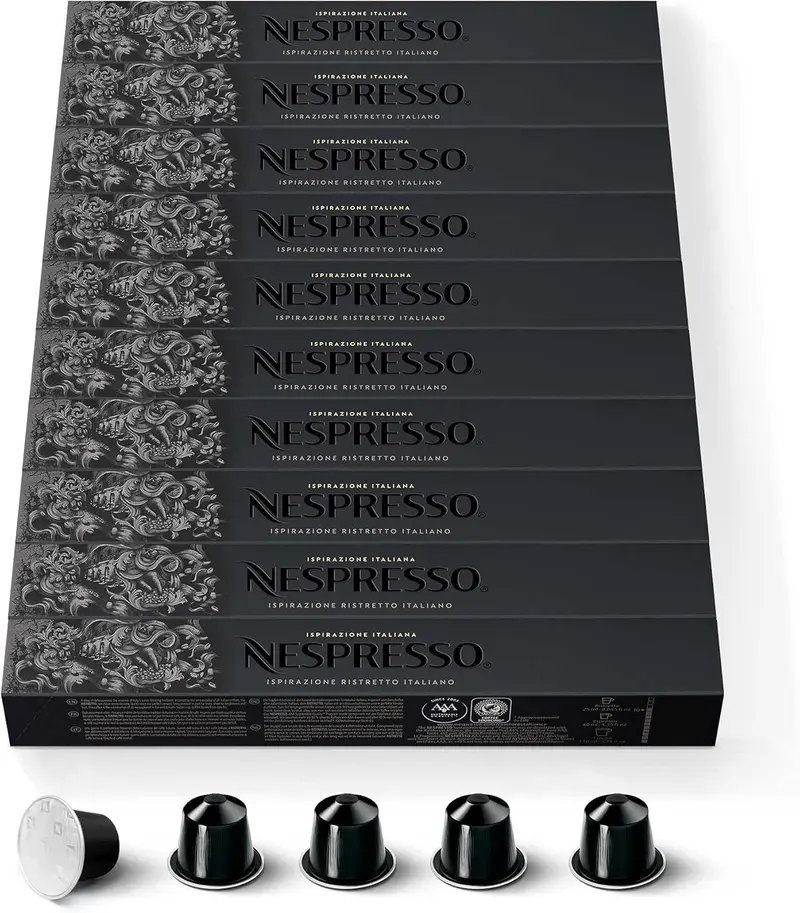 Nespresso Ispirazione Ristretto Italiano, Pack de 100 Cápsulas OriginalLine. Un café intenso (10/13), potente y contrastado, con notas afrutadas y tostadas.