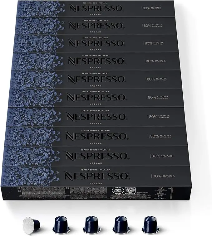 Nespresso Kazaar, Pack de 100 Cápsulas Originales de café muy intenso y cremoso. Perfil aromático especiado y notas a pimienta. Intensidad 12 sobre 13.