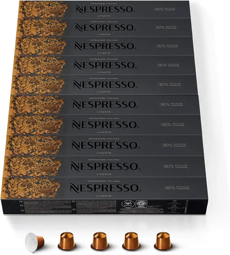 Nespresso Livanto, Pack de 100 Cápsulas Originales de café equilibrado. Perfil aromático redondo con notas a caramelo y cereales tostados. Intensidad 6.