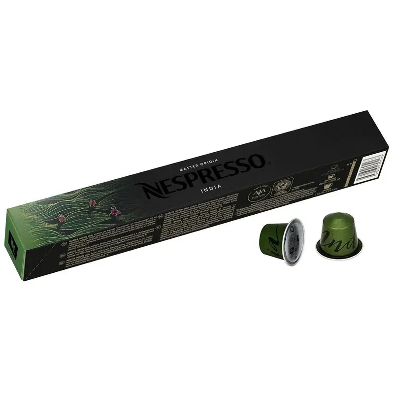 Nespresso Master Origin India, Pack de 10 Cápsulas OriginalLine. Un café intenso y especiado con Robusta Monzónico, de cuerpo denso y potente. Intensidad 11 de 13.