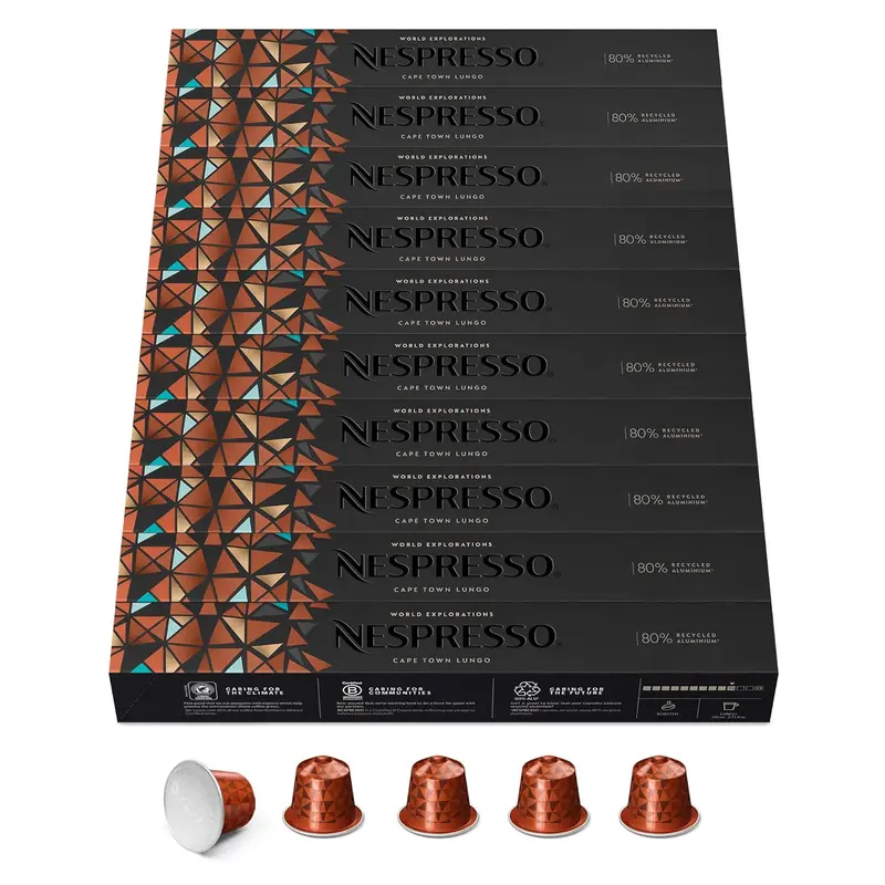 Nespresso Original Cape Town Lungo en pack de 100 cápsulas. Un café intenso de tueste oscuro compatible con cafeteras Nespresso Original, con notas amaderadas y especiadas.