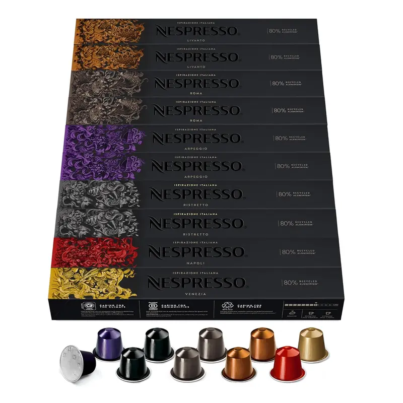 Nespresso Original Ispirazione Italiana Pack de 100 Cápsulas, Surtido de cafés intensos Espresso y Lungo, Tuestes medios a oscuros, Compatible con Cafeteras Original