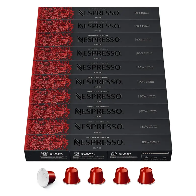Nespresso Original Ispirazione Napoli en pack de 100 cápsulas. El café más intenso de Nespresso (13/13), tueste oscuro, compatible con cafeteras Nespresso Original.