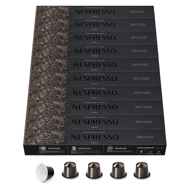 Nespresso Original Ispirazione Roma Pack Ahorro 100 Cápsulas, Café Equilibrado con Notas Amaderadas y de Cereal, Tueste Medio, Compatible con Cafeteras Original
