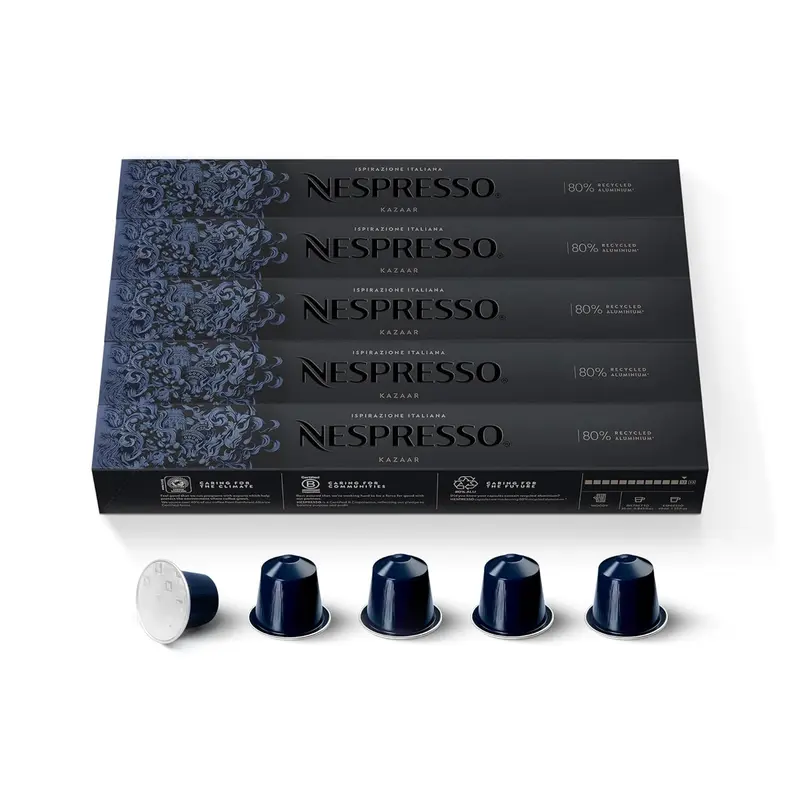 Nespresso Original Kazaar Pack 50 Cápsulas de Café. El café más potente de la gama (Intensidad 12), cremoso, especiado y con un potente amargor. Para cafeteras del sistema OriginalLine.