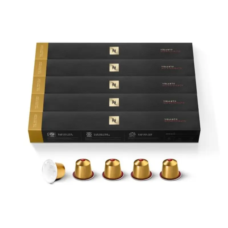 Nespresso Original Pack 50 Cápsulas Volluto Decaffeinato, un café descafeinado de tueste ligero con notas dulces y afrutadas, para disfrutar a cualquier hora.
