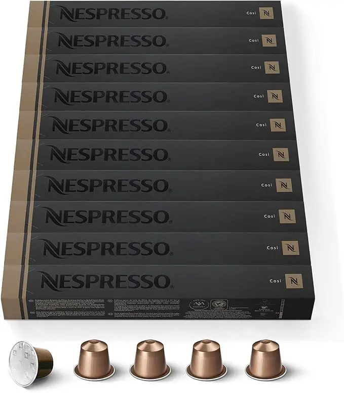 Nespresso Original Pack de 100 Cápsulas Cosi, un café espresso de tueste ligero e intensidad 4, con un carácter delicado y refrescante con notas a cereal y fruta.