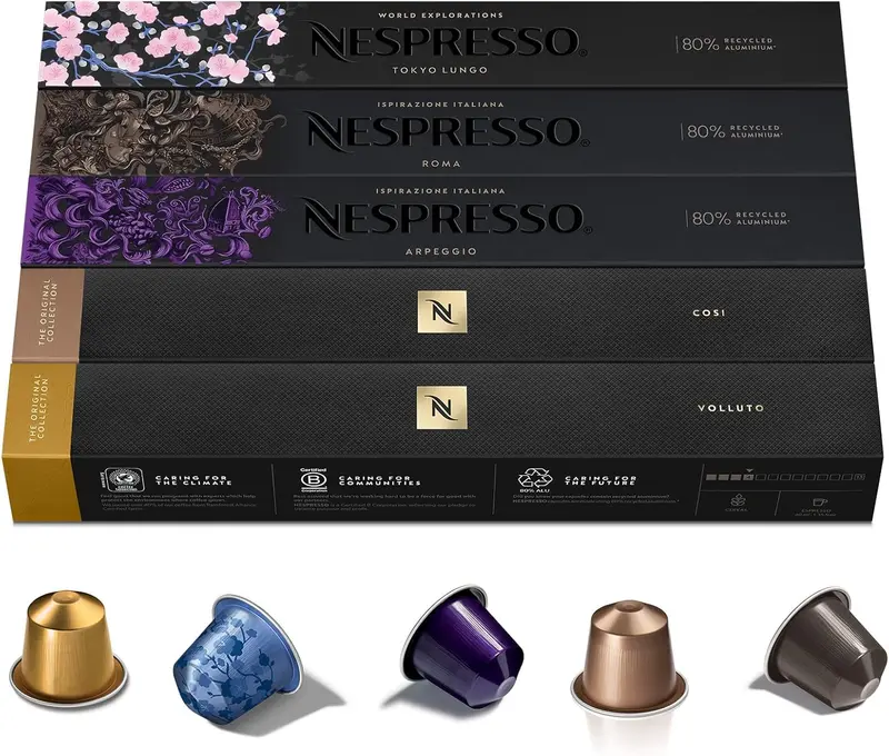 Nespresso Original Pack de 50 Cápsulas Surtidas, una selección equilibrada con 10 Roma, 10 Arpeggio, 10 Volluto, 10 Cosi y 10 Tokyo Lungo para todos los gustos.