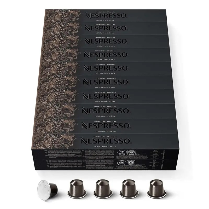 Nespresso Original Pack Gigante de 200 Cápsulas Roma, un café espresso equilibrado de intensidad 8, con notas amaderadas y de cereal para el consumo diario.