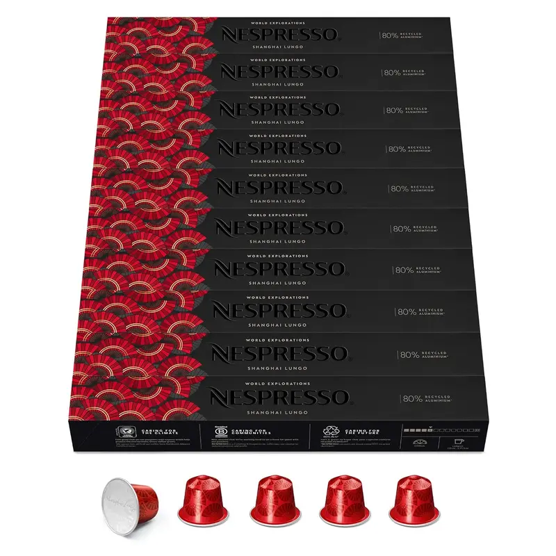Nespresso Original Shanghai Lungo en pack de 100 cápsulas. Un café de tueste claro y notas afrutadas, compatible con cafeteras Nespresso Original para una experiencia única.
