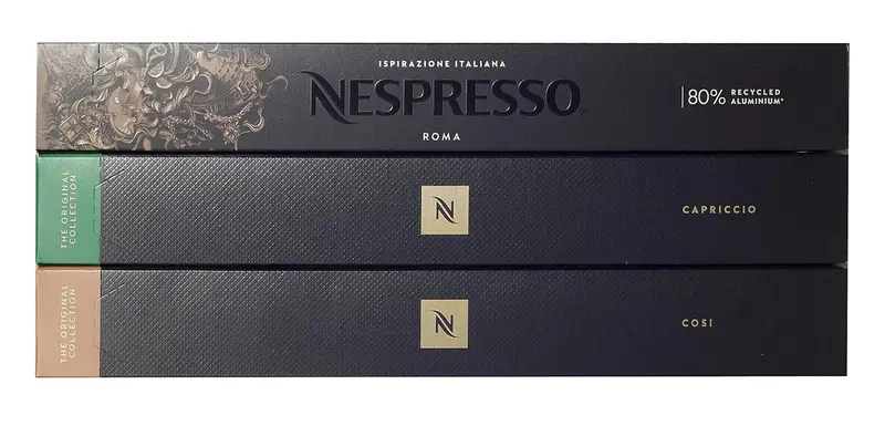 Nespresso Original Trio Pack de 30 Cápsulas, una selección de cafés equilibrados con 10x Roma, 10x Cosi y 10x Capriccio, ideal para los amantes del espresso clásico.