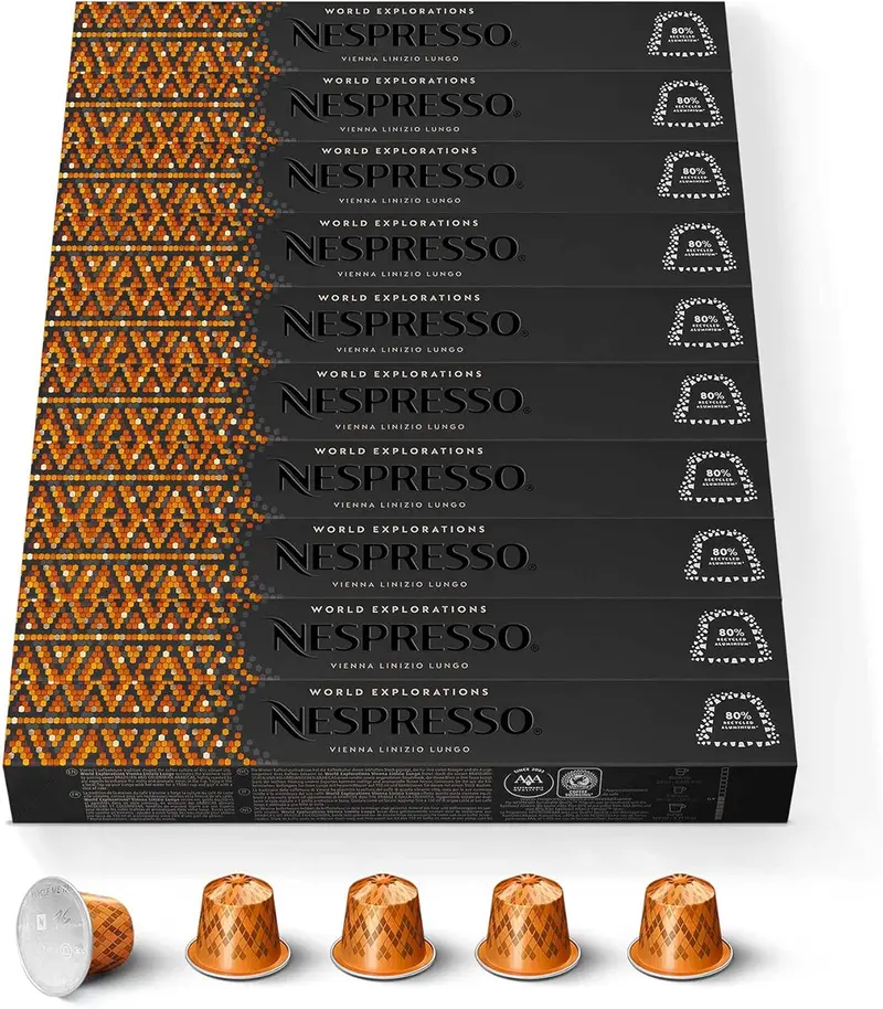Nespresso Original Vienna Lungo Pack Ahorro 100 Cápsulas, Café Largo y Equilibrado con Notas a Cereal, Tueste Medio, World Explorations, Compatible con Cafeteras Original