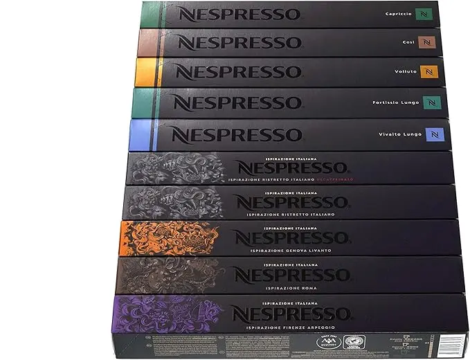 Nespresso Pack Surtido de 100 Cápsulas de Café OriginalLine. Descubre 10 variedades icónicas, desde Ristretto a Lungo, con intensidades de 4 a 10. (No compatible con Vertuo).