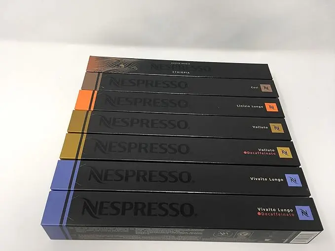 Nespresso Pack Variado de 70 Cápsulas de Café OriginalLine. Surtido con Volluto, Cosi, Lungo, Etiopía y Descafeinado. Descubre una selección equilibrada y aromática.