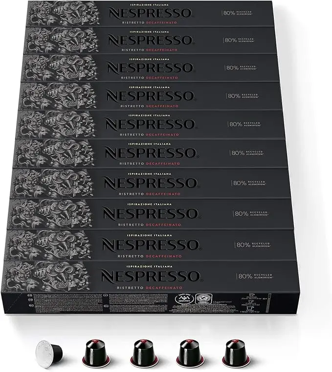 Nespresso Ristretto Descafeinado, Pack 100 Cápsulas Originales de café intenso y rico en contrastes sin cafeína. Intensidad 10 sobre 13.