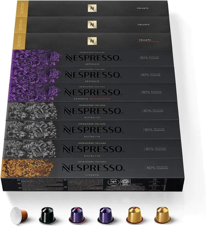 Nespresso Selección Equilibrada, Surtido de 100 Cápsulas Original con variedades con y sin cafeína. Incluye Arpeggio, Ristretto, Volluto y Livanto. Intensidades 4-10.