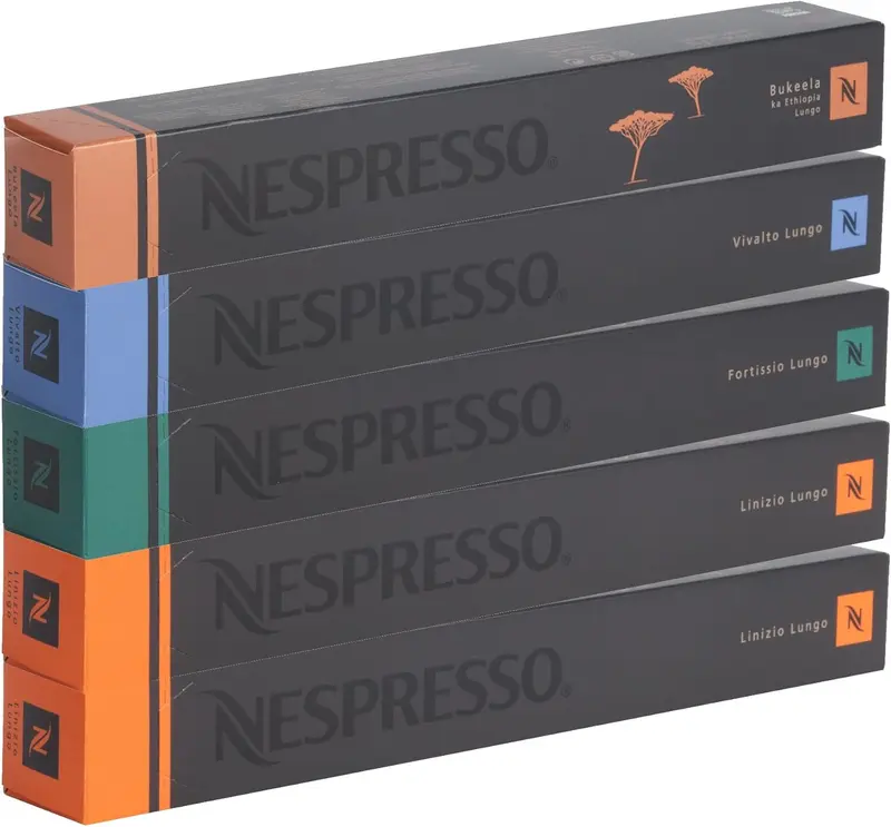 Nespresso Surtido Lungo, Pack de 50 Cápsulas de Café OriginalLine. Una selección con 5 variedades de cafés largos, desde los más suaves hasta los más intensos.