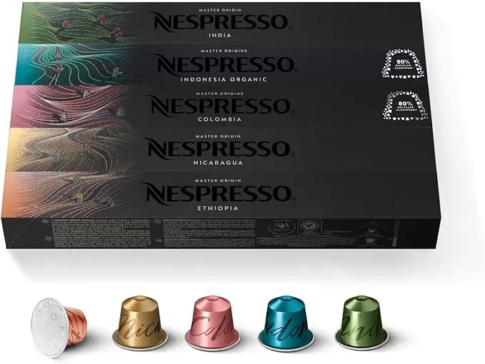 Nespresso Surtido Master Origins, 50 Cápsulas OriginalLine. Un pack de degustación con 5 cafés de origen único