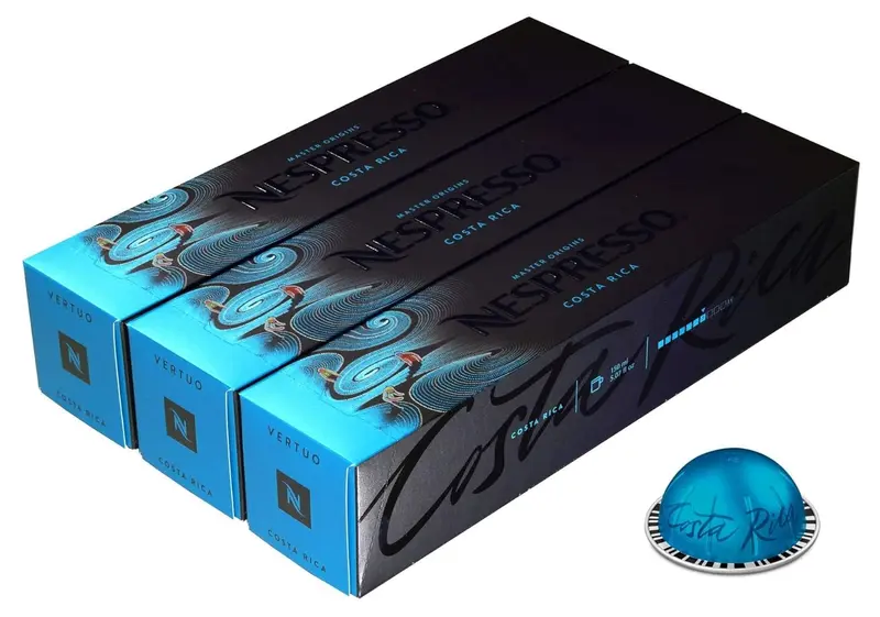 Nespresso Vertuo Costa Rica, pack de 30 cápsulas de café Gran Lungo. Mezcla equilibrada con notas a cereal malteado dulce. Intensidad 7.