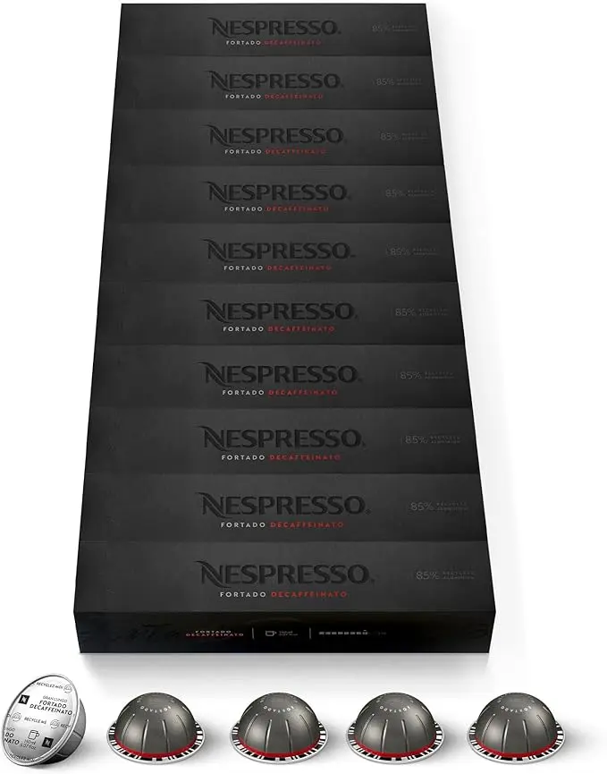 Nespresso Vertuo Fortado Descafeinado, pack de 100 cápsulas. Café Gran Lungo (150ml) intenso (8/11) sin cafeína, con notas a cacao y madera de roble. Formato ahorro.