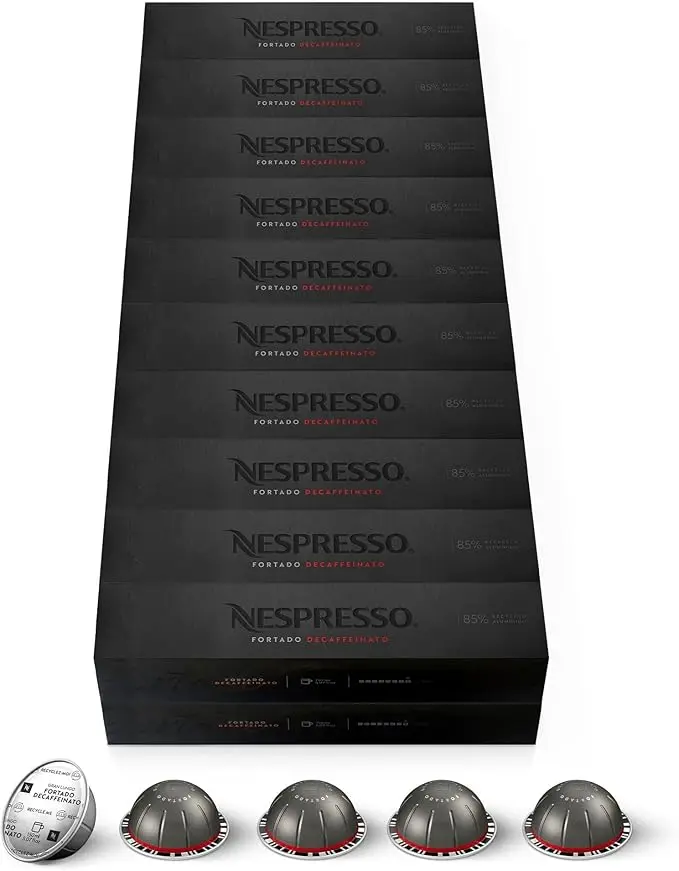 Nespresso Vertuo Fortado Descafeinado, pack de 200 cápsulas. Café Gran Lungo (150ml) de intensidad 8/11 sin cafeína, con notas a cacao y madera de roble. Formato profesional.
