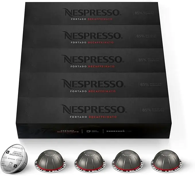 Nespresso Vertuo Fortado Descafeinado, pack de 50 cápsulas. Café intenso (8/11) para taza Gran Lungo (150ml) sin cafeína, con deliciosas notas a cacao y madera de roble.