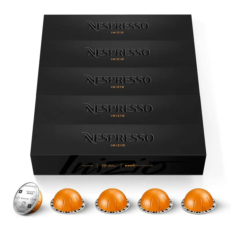 Nespresso Vertuo Inizio, Pack de 50 Cápsulas. Café suave y floral para Gran Lungo (150ml). Mezcla de Arábicas de África con notas de cereal tostado. Intensidad 4/13.