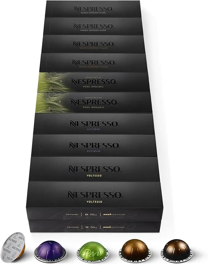 Nespresso Vertuo Mega Surtido 200 Cápsulas Espresso. El Pack Definitivo para Oficinas y Amantes del Café Corto con 5 Variedades