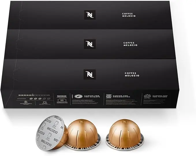 Nespresso Vertuo Melozio, pack de 30 cápsulas. Café suave para taza Mug (230ml) de intensidad 6/11, con notas a cereal dulce y miel. Mezcla 100% Arábica de tueste medio.