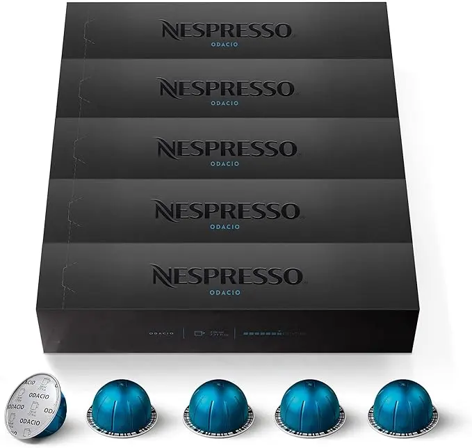 Nespresso Vertuo Odacio Pack Ahorro 50 Cápsulas de Café. Café Intenso (Int. 7) y Vivaz para Taza Grande (230ml), Mezcla de Arábicas con Notas de Cereal y Toques Afrutados.