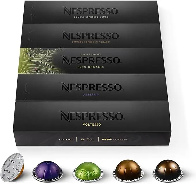 Nespresso Vertuo Pack Descubrimiento 50 Cápsulas Espresso. Surtido con Voltesso, Altissio, Peru Organic, Chiaro y Scuro para Probar lo Mejor del Café Corto de Vertuo.