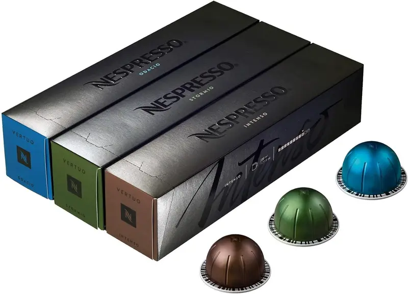 Nespresso Vertuo Pack Intenso, Surtido de 30 cápsulas con Intenso, Stormio y Odacio. Café con cuerpo y carácter para taza grande (230ml). Intensidades de 7 a 9.