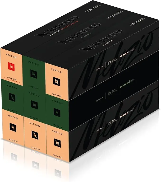 Nespresso Vertuo Pack Mixto de 90 cápsulas. Incluye 40 Melozio, 40 Stormio y 10 Melozio Descafeinado. Café para taza Mug (230ml) con y sin cafeína para cada momento del día.