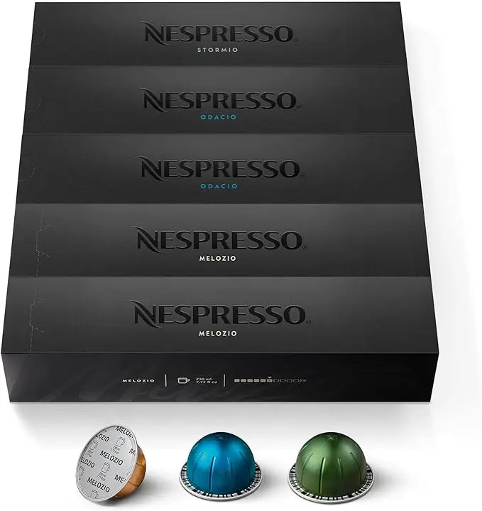 Nespresso Vertuo Pack Surtido de 50 cápsulas para taza Mug (230ml). Incluye 20 Melozio (Int. 6), 20 Stormio (Int. 8) y 10 Odacio (Int. 7). Una selección para todos los gustos.