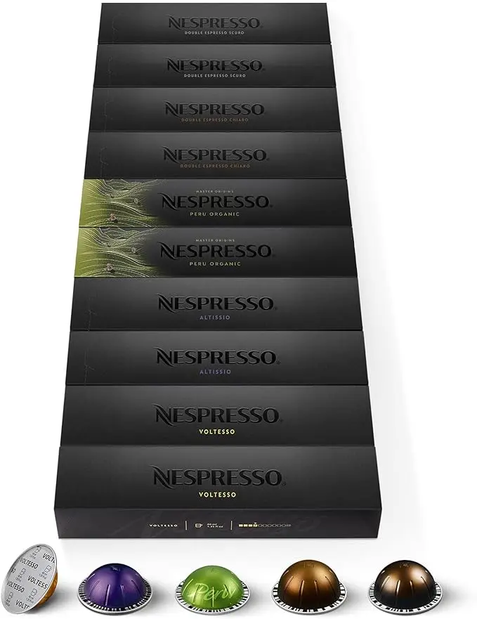 Nespresso Vertuo Surtido Espresso & Double Espresso 100 Cápsulas. Pack Variado con Voltesso, Altissio, Peru Organic, Chiaro y Scuro para Cafeteras Nespresso Vertuo.