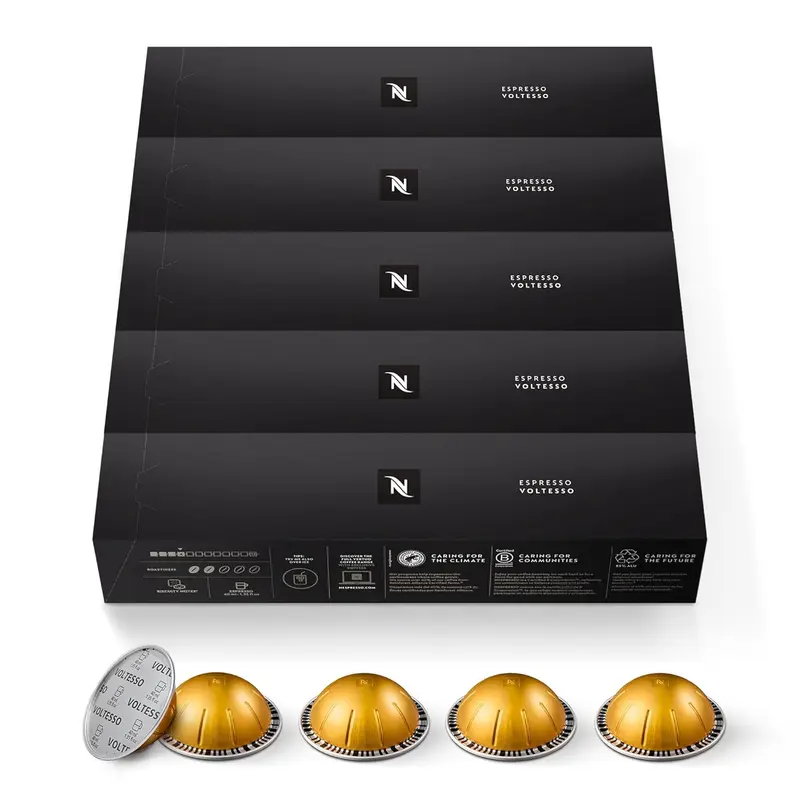 Nespresso Vertuo Voltesso, pack de 50 cápsulas de espresso (40ml). Café suave y equilibrado de tueste ligero, intensidad 4/11, con notas dulces a galleta. Formato ahorro.