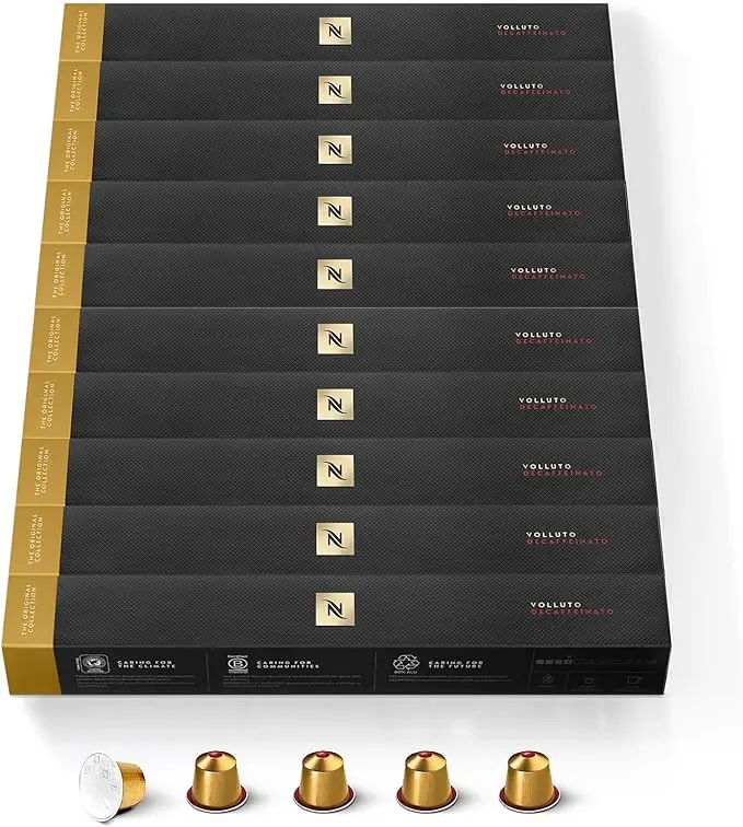 Nespresso Volluto Descafeinado, Pack 100 Cápsulas Originales de café dulce y suave sin cafeína. Notas a galleta y cereales. Intensidad 4.