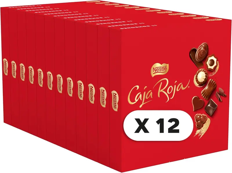 Nestlé Caja Roja, pack ahorro de 12 estuches de bombones de 100g (1.2Kg). El surtido de chocolate ideal para tener siempre un detalle, con cacao 100% sostenible.