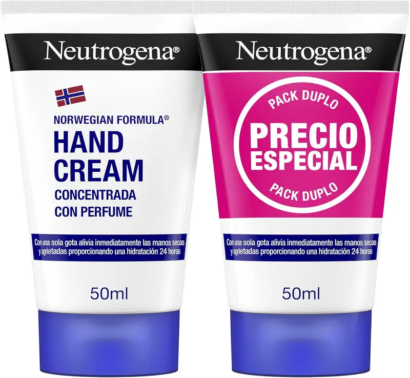 Neutrogena Duplo Crema de Manos Concentrada con Perfume (2x50ml). El tratamiento de reparación intensiva para manos secas y agrietadas, ahora en un pack ahorro de dos unidades.