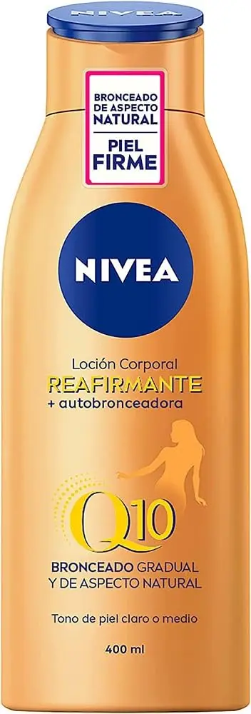 NIVEA Q10 Loción Corporal Reafirmante y Autobronceadora, 400ml. Consigue una piel visiblemente más firme en 10 días y un bronceado natural y gradual con esta loción 2 en 1.