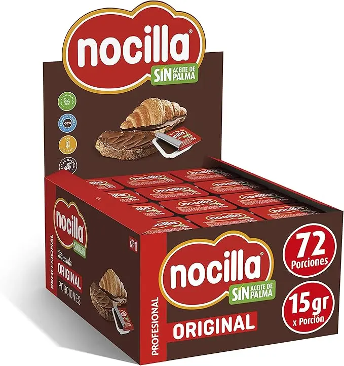 Nocilla Original, Estuche de 72 Porciones Individuales de 15g. El formato más práctico y limpio para disfrutar del sabor de siempre, sin aceite de palma y sin gluten. Ideal para hostelería y familias.