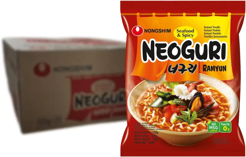 Nongshim Neoguri Fideos Instantáneos, Caja de 20 paquetes de Sopa Picante de Marisco. Ramen coreano con fideos gruesos y un intenso sabor a mar. 20x120g.