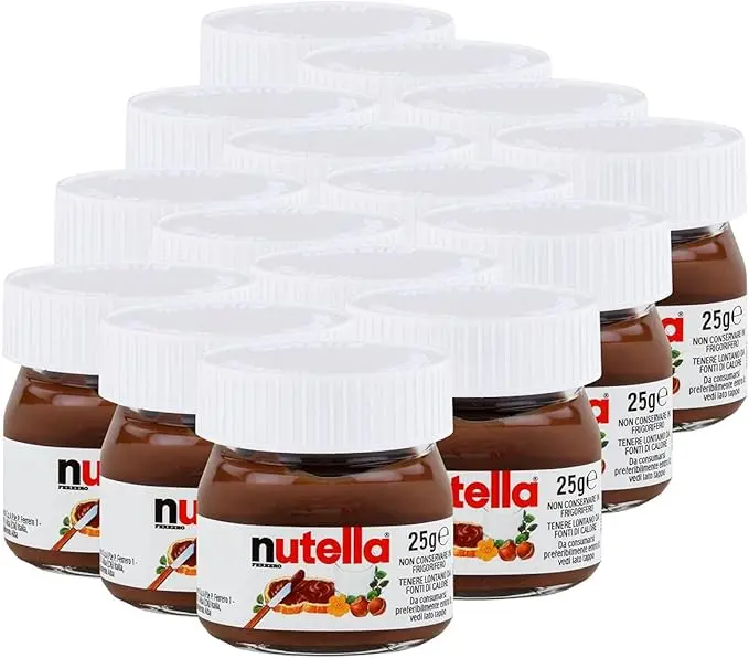 Nutella Mini Tarros de Cristal, Pack de 15x25g. La crema de avellanas y cacao más famosa del mundo en un adorable formato miniatura, ideal para regalar, para fiestas o para buffets.